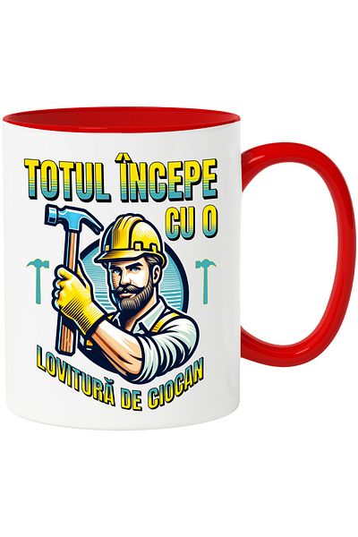 StoryGift Romania Cana Barbat Constructor Totul începe cu o lovitura de ciocan, 330ml, Ceramic cu , Cu Maner Rosu