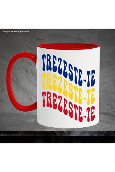 StoryGift Romania Mug with the word Wake up, in the colors of the Romanian flag, red, yellow, blue, with STG