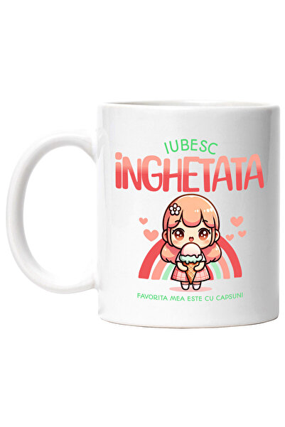 StoryGift Romania Cana cu Fata Stil Animat Cu Inghetata Cornet Text Iubesc Inghetata Cu Cpasuni, C, Cu Maner Alb