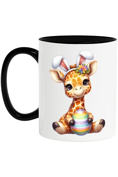 StoryGift Romania Mug with a giraffe, illustration, rabbit ears, egg, cheerful, happy, playful c, With Black Handle