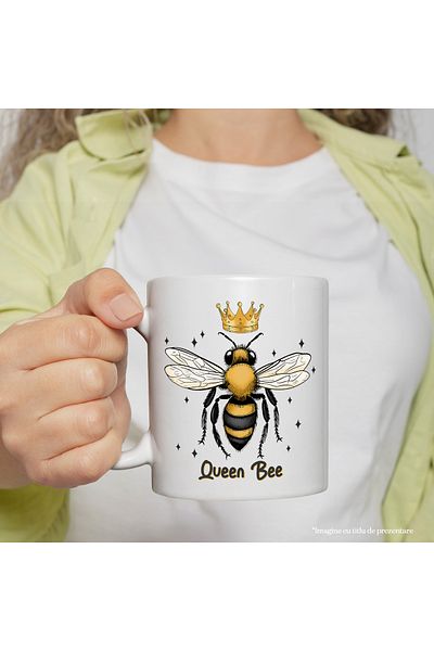 StoryGift Romania Mug with a bee with a crown and stars around it with the message "Queen Bee", queen of, with a white handle