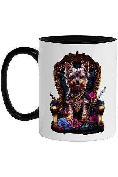 StoryGift Romania Cana Cu Caine, Yorkshire Terrier, Tron, Flori, Lant, Multicolor 330 ml, Ceramica, Cu Maner Negru