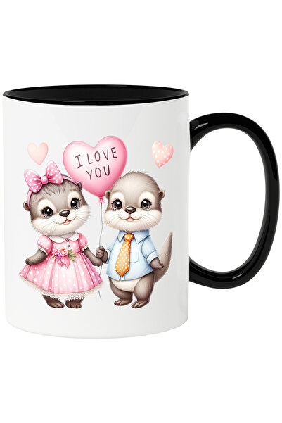 StoryGift Romania Cana cu 2 vidre fericite | Valentine's Day | afectiune | iubire | balon cu mesaj, Cu Maner Negru