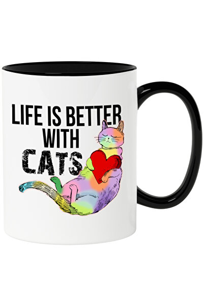 StoryGift Romania Cana cu pisica multicolora cu mesajul "Life is better with ...