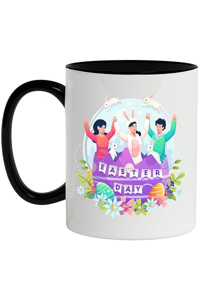 StoryGift Romania Cana Cu Mesaj In Engleza Easter Day, Paste, Iepuri, Costum, Oua, Flori, Multicol, Cu Maner Negru