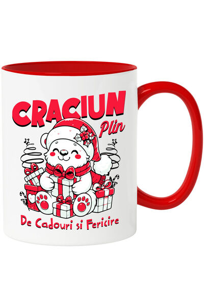 StoryGift Romania Cana cu Urs Alb Vesel Cu Cadouri Colorate Text Craciun Plin...