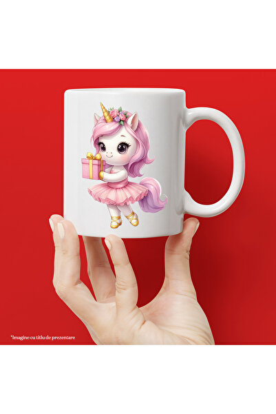 StoryGift Romania Cana cu un unicorn care tine un cadou, ilustratie, rochita ...