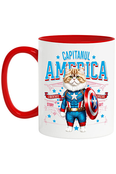 StoryGift Romania Cana cu Persan / persian Pisica In Costum de Capitan America cu Pelerina, Erou N, Cu Maner Rosu