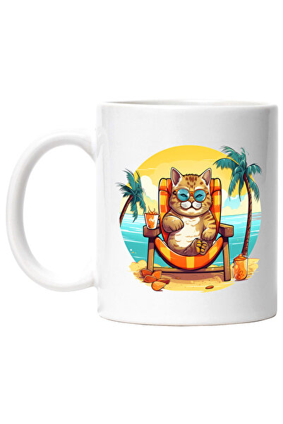 StoryGift Romania Cana cu o pisica la mare, pahar cu bautura, apa, palmieri, plaja, ilustratie cu , Cu Maner Alb