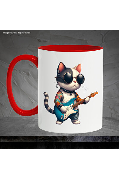 StoryGift Romania Mug with a tattooed cat playing guitar | illustration | rock | metal | och, Cu ,STG