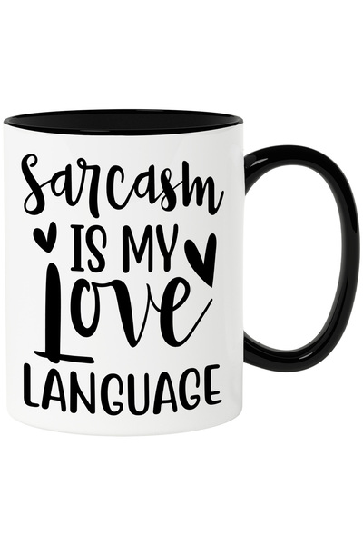 StoryGift Romania Cana cu inimioare si textul "Sarcasmul este limbajul meu de...
