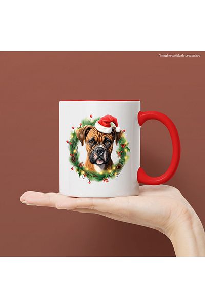 StoryGift Romania Mug with a Boxer puppy wearing a Christmas hat, illustration, crown, fir cones, With ,STG