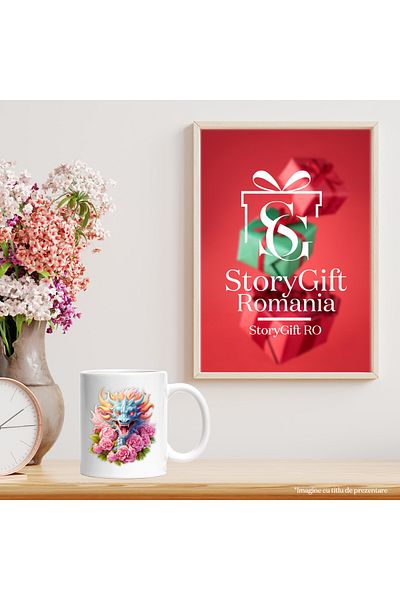 StoryGift Romania Cana cu un dragon agresiv, ilustratie, ochi in flacari, floricele, roz, an chine, Cu Maner Alb