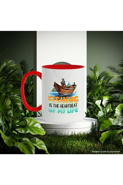 StoryGift Romania Mug with fisherman in boat with the message "Fishing is the heartbeat of my life", illustr., With ,STG.
