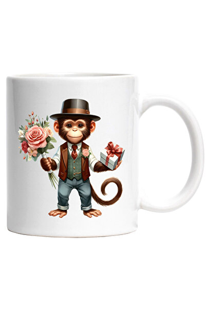 StoryGift Romania Cana cu o maimuta care tine un buchet cu flori si un cadou ...