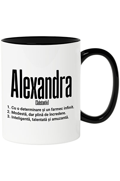 StoryGift Romania Cana Cu Numele Alexandra, si Mesaj Motivational, Determinare, Modesta, Inteligen, Cu Maner Negru