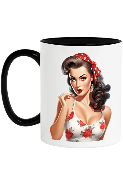 StoryGift Romania Cana cu o femeie cu par saten, ilustratie, stil retro, vech...