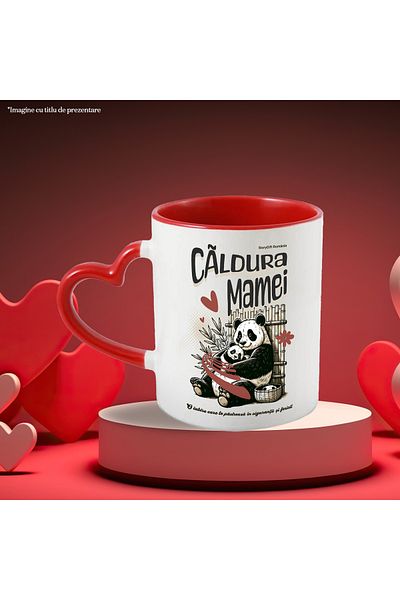 StoryGift Romania Cana Caldura mamei familie urs iubire , 330ml, Ceramica cu Maner Inima Rosie, Cu Maner Inima Rosie
