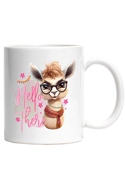 StoryGift Romania Cana cu lama cu ochelari si cu mesajul "Hello there", salut, buna, floricele roz, Cu Maner Alb