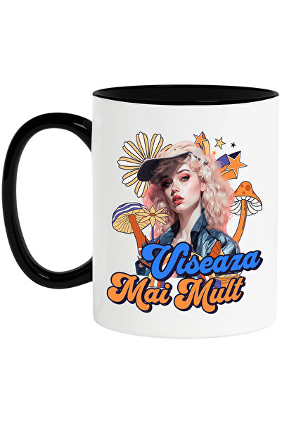 StoryGift Romania Cana cu Fata Stil Anime cu Sapca Flori Si Plante Colorate Text Viseaza Mai Mult , Cu Maner Negru