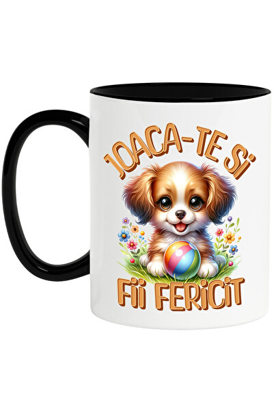 StoryGift Romania Cana cu Caine Pui Blanos Vesel Cu Minge Colorata Pe Iarba Verde Cu Flori Text Jo, Cu Maner Negru