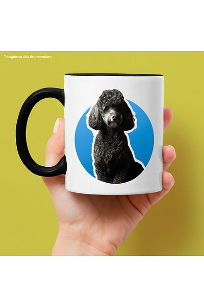 StoryGift Romania Cana cu Portret Caine Fundal Albastru, Rasa Pudel, Catel, Pufos, Blana Neagra, I, Cu Maner Negru