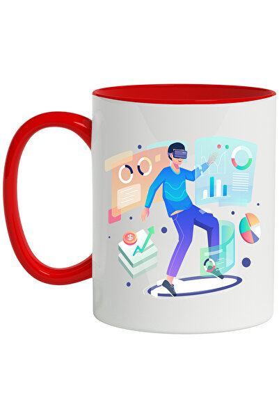 StoryGift Romania Cana Cu Ochelari VR, Moneda, Bani, Financiar, Grafic, Virtual, Multicolor 330 ml, Cu Maner Rosu