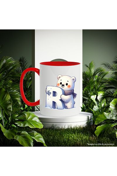 StoryGift Romania Mug with a polar bear holding the letter "R" | illustration | scarf | cold | Pole No, With Red Handle