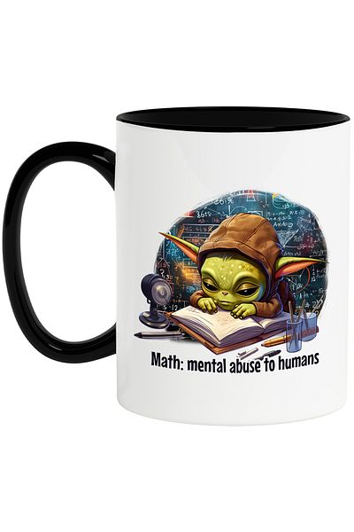 StoryGift Romania Cana cu un extraterestru verde care studiaza | ilustratie | matematica | somnoro, Cu Maner Negru