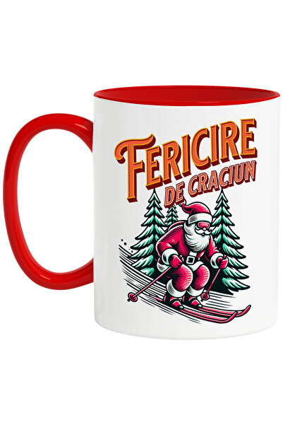 StoryGift Romania Cana cu Mos Craciun Cool Pe Schiuri Text Fericire De Craciun, Zapada Sport, Padu, Cu Maner Rosu