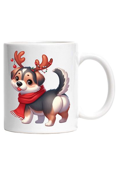 StoryGift Romania Cana cu un catel care are niste coarne de ren | ilustratie | fular | frig | iarn, Cu Maner Alb