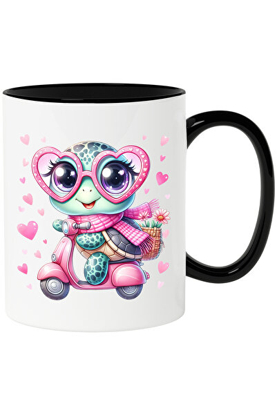 StoryGift Romania Cana cu o broasca testoasa care conduce un scuter | ilustratie | viteza | fular , Cu Maner Negru