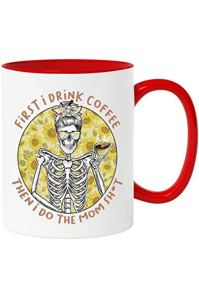 StoryGift Romania Cana cu un schelet de femeie cu mesajul "First I drink coff...