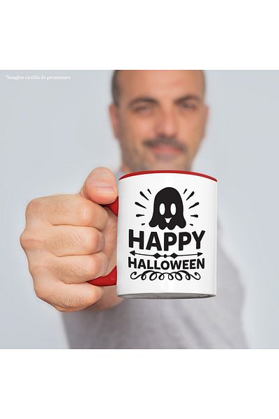 StoryGift Romania Mug with a ghost and the text "Happy Halloween" - Happy Halloween with Red Handle, With M,STG.