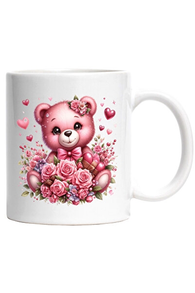 StoryGift Romania Cana cu o ursoaica vesela | ilustratie | roz | trandafiri | inimi | ciocolata | , Cu Maner Alb