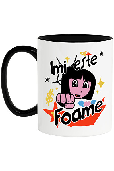 StoryGift Romania Cana Fata desene animate text imi e foame mancare, 330ml, Ceramica cu Maner Negr, Cu Maner Negru