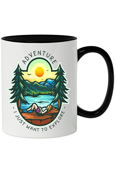 StoryGift Romania Cana Cu Mesaj In Engleza Adventure I Just Want To Explore, Munte, Apus, Lac, Bra, Cu Maner Negru