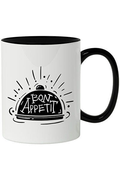 StoryGift Romania Cana Cu Mesaj In Franceza Bon Appetit, Mancare, Clos, Restaurant, Alb Negru 330 , Cu Maner Negru