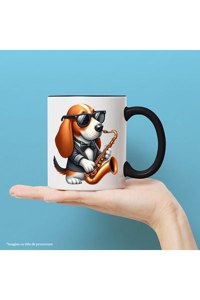 StoryGift Romania Mug with a dog with glasses playing the saxophone | illustration | jacket | bow tie, With ,STG.