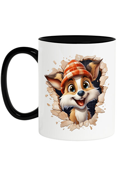 StoryGift Romania Cana cu un animalut vesel care scoate capul prin perete | ilustratie | caciula |, Cu Maner Negru