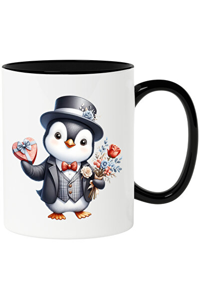 StoryGift Romania Cana cu un pinguin la costum care tine un buchet cu flori s...