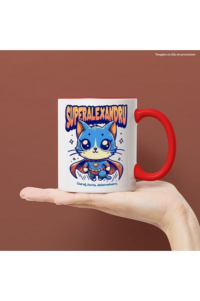 StoryGift Romania Super Alexandru Mug, Superhero, Flying Cat, 330ml, Ceramic with Red Handle, With Handle, STG.