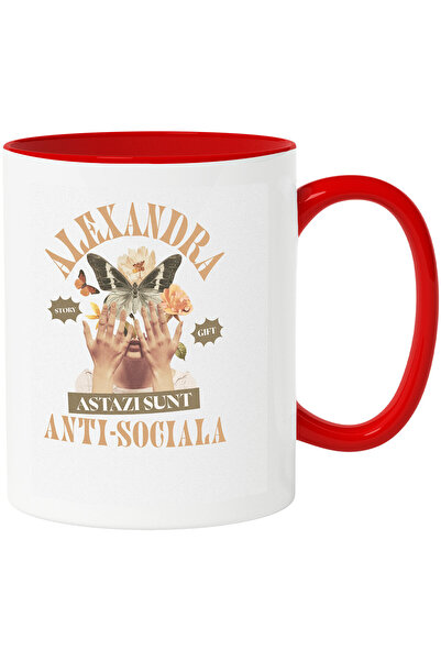 StoryGift Romania Cana cu Chip Feminin Acoperit DE Flori Si Fluture Text Alexandra Astazi sunt Ant, Cu Maner Rosu