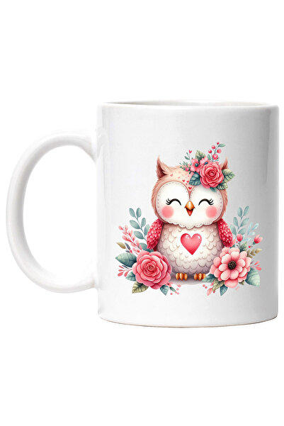 StoryGift Romania Cana cu o bufnita dragalasa, ilustratie, flori, roz, inima,...