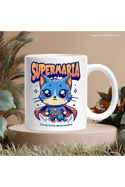 StoryGift Romania Cana Super Maria, Supererou, Pisica Zburand, 330ml, Ceramic Cu Maner Alb, Cu Maner Alb Stg