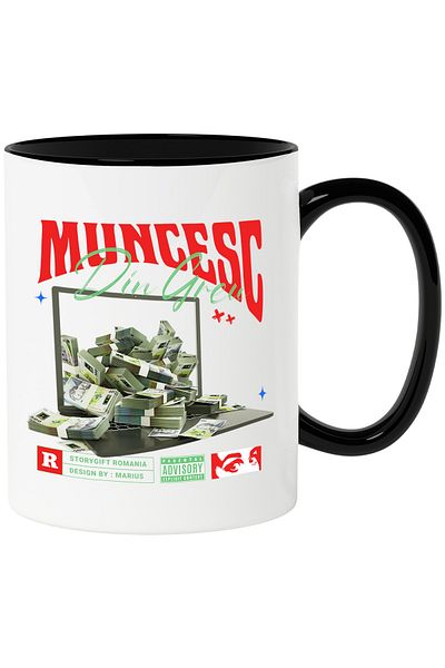 StoryGift Romania Cana Muncesc din Greu pe Laptop - Teanc de Bani Romanesti de 500 Lei , 330ml, Ce, Cu Maner Negru