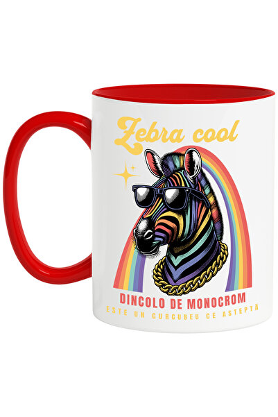 StoryGift Romania Cana zebra cool, dincolo de monocrom te asteapta un curcubeu, 330ml, Ceramic cu , Cu Maner Rosu
