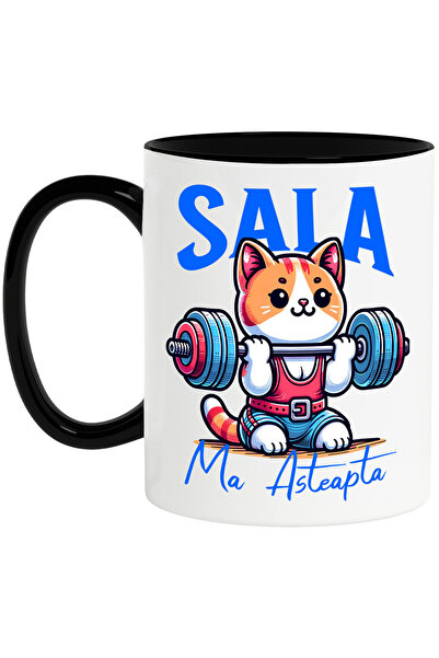 StoryGift Romania Cana cu Pisica Portocalie Ridicand Greutati Sala Sport Text...