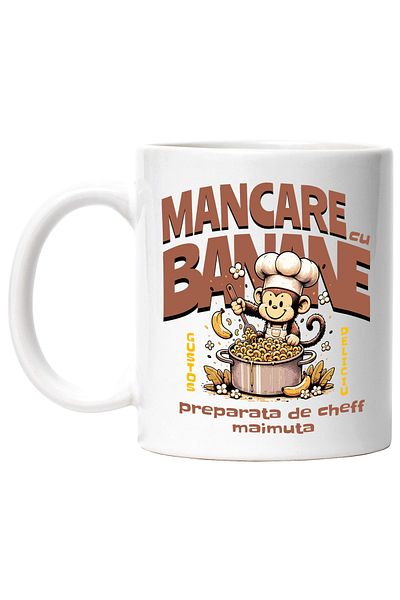StoryGift Romania Cana mancare cu banane preparat de cheff maimuta, 330ml, Ceramic cu Maner Alb, Cu Maner Alb