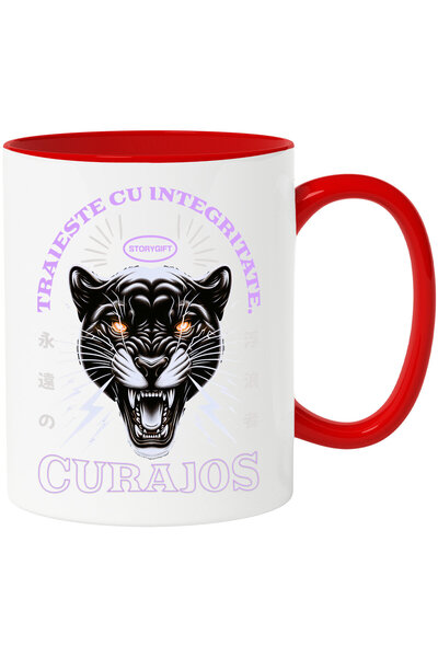 StoryGift Romania Cana cu Felina Furioasa Ghepard Cu Ochii Rosii Text Traieste Cu Integritate Cura, Cu Maner Rosu